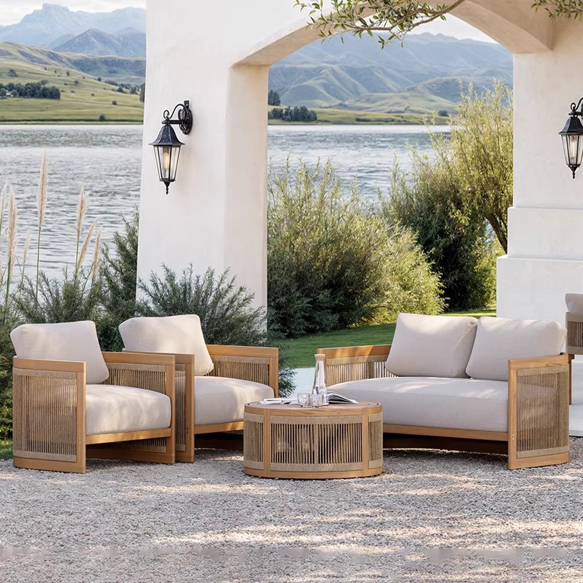 Sofá de teca al aire libre patio villa jardín hotel residencial al aire libre ocio caña combinación de muebles impermeables y protectores solares
