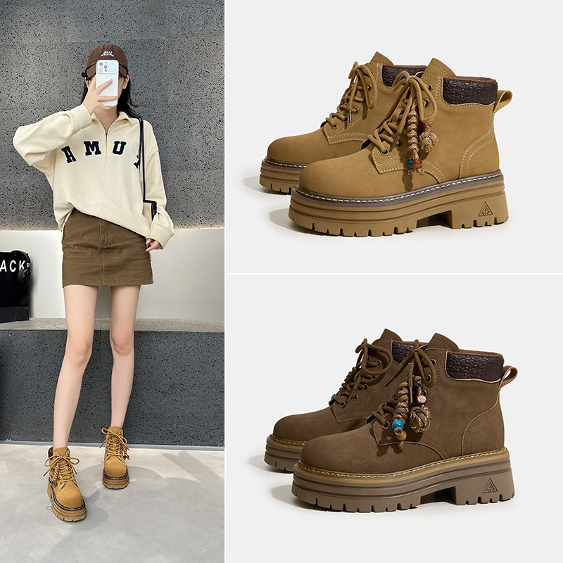 Cowhide Boots for Women in Autum New Thick-Soled Inner Heightening Short Boots Retro Versatile Color Hiking Boots for Women Cowhide Boots for Women in Autum New Thick-Soled Inner Heightening Short Boots Retro Versatile Color Hiking Boots for Women