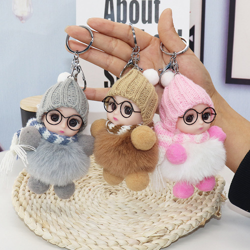 Creative keychain charm featuring a big-eyed cute kid, resembling a plush doll made of faux fur, suitable for bags and as a cartoon accessory.