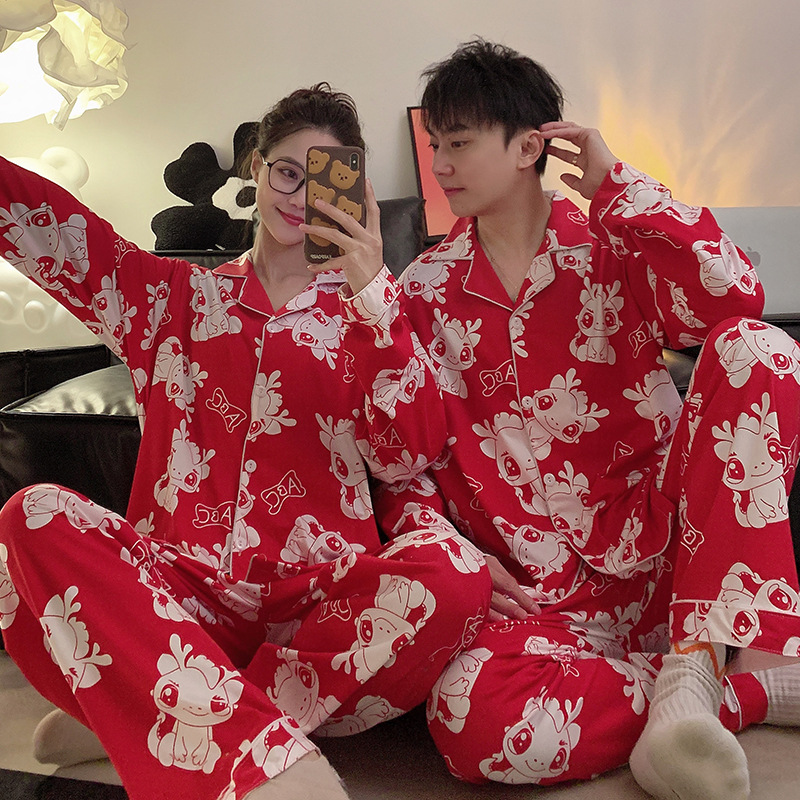 Dragón rojo año pareja pijamas Mujer Primavera Otoño Invierno de algodón de manga larga 2024 nueva boda año de nacimiento homewear de los hombres