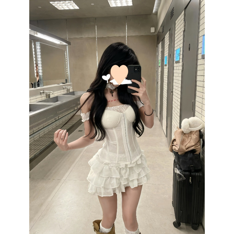 夏季高级感新款设计感小心机一字肩短袖纯欲蕾丝拼|undefined