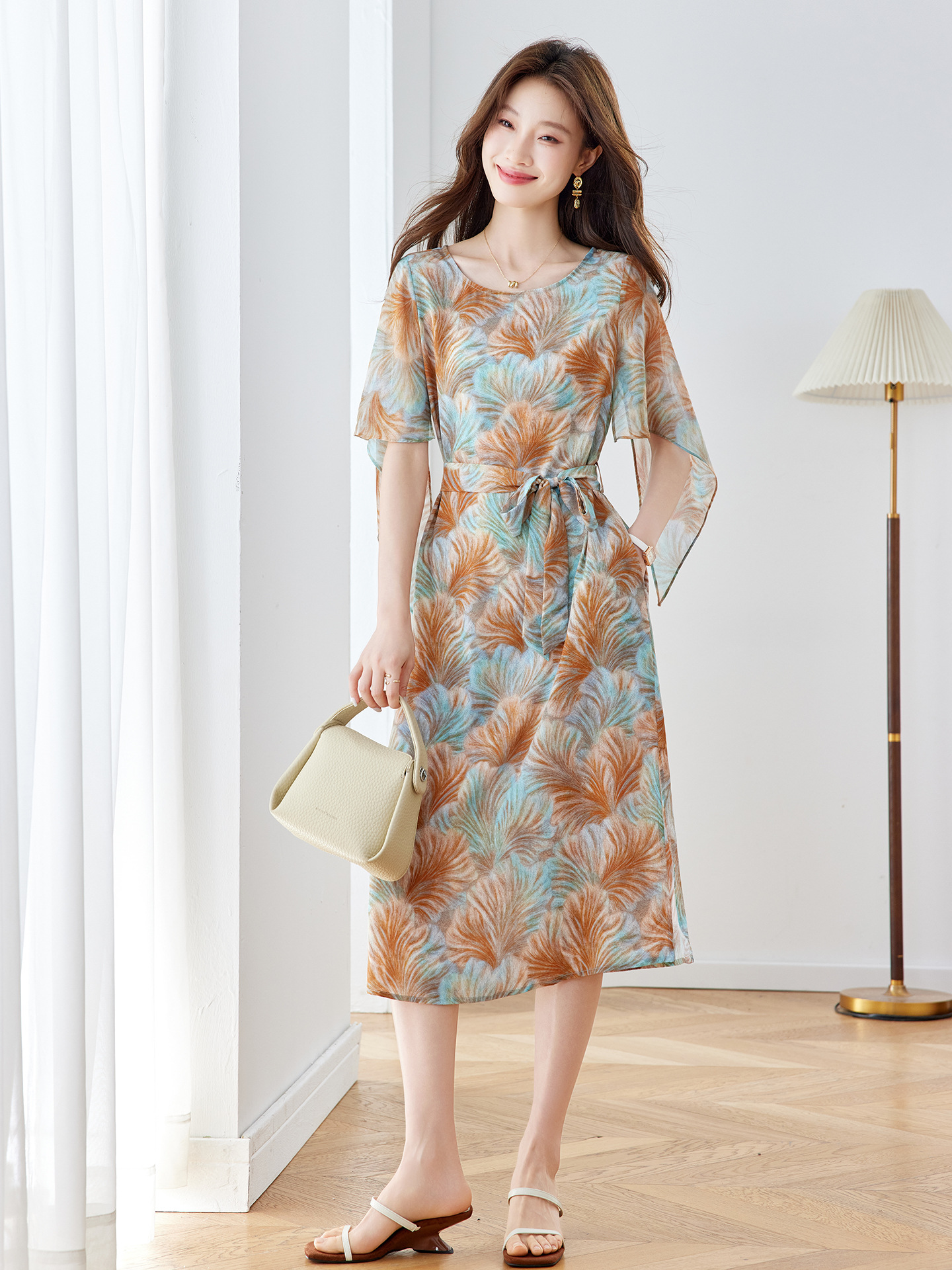 Đầm maxi nữ thắt eo in họa tiết hoa tay ngắn dáng suông che khuyết điểm — xanh lam, Màu hồng