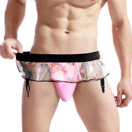 男士男式情趣内衣内裤蕾丝裙摆不透明兜兜提臀袜带双丁伪娘款同志