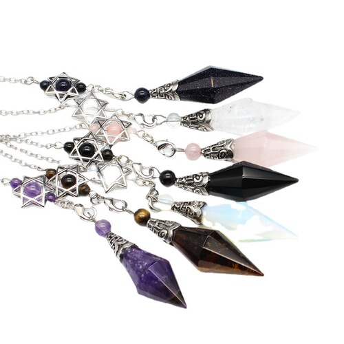 Foreign trade jewelry wholesale natural stone double-pointed rhombus cut surface pendulum dream catcher six-pointed star pendant spiritual hammer