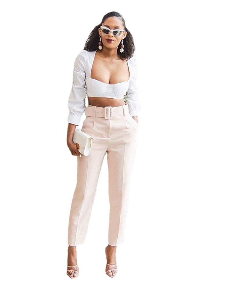 High Waist Ol Slim Casual Trousers Slim Fit Women'S Trousers With Belt