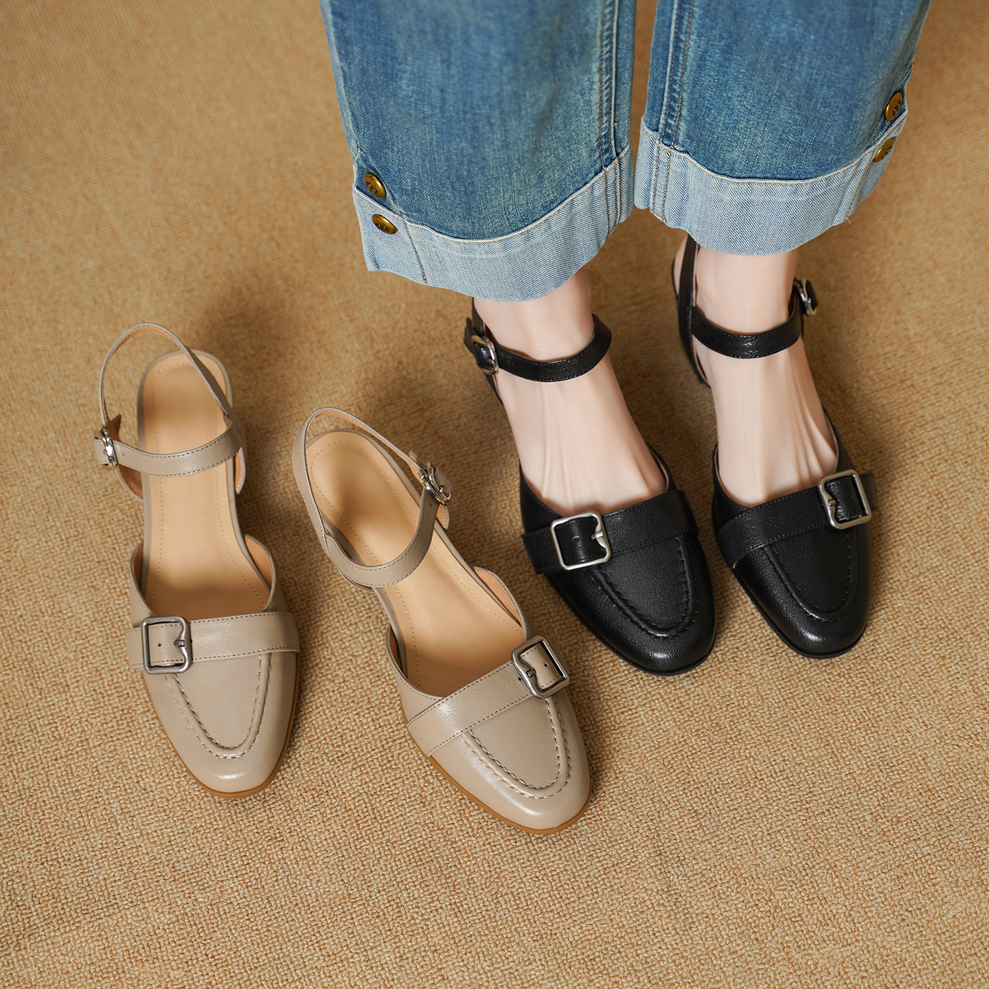 Sandal cao gót nữ hở mũi quai ngang khóa cài, gót 5 cm — đen