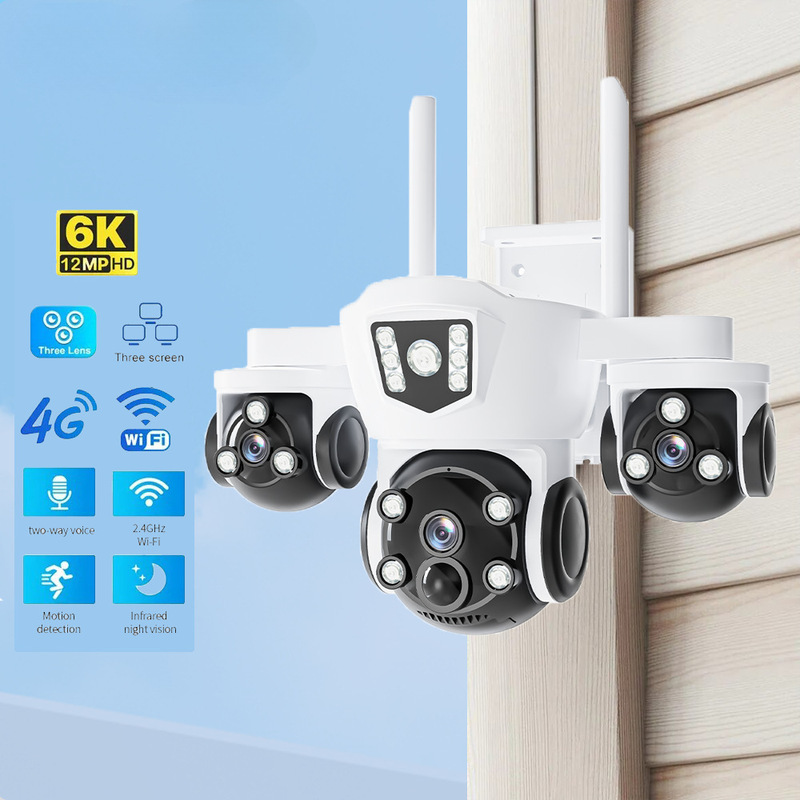 新しい真の四眼 WIFI ソーラー監視カメラ 3 画面監視広角 5MP リモート屋外防水|undefined