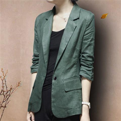 棉麻小西装外套夏季新款薄款亚麻西服七分袖女士大码休闲春秋