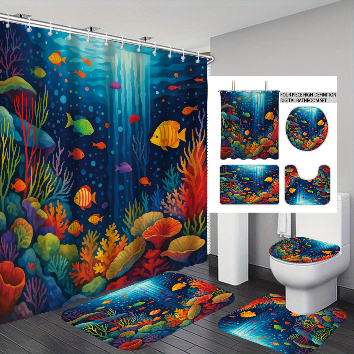 Temu cortina de baño impermeable personalizada serie de elementos marinos 3D impresión poliéster cortina de baño de cuatro piezas fábrica image 16