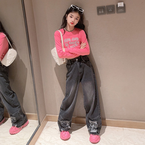 Girls' long-sleeved bottoming shirts, autumn clothes, new Korean style, fashionable children's fashion, niche design, wide-leg jeans, trendy