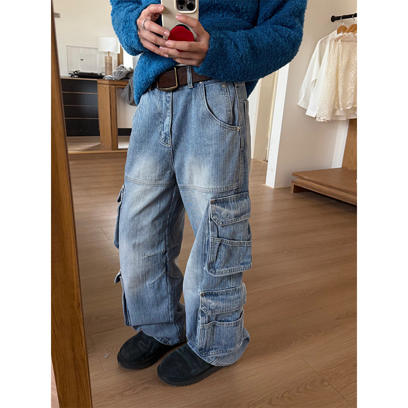 American Style Vintage Washed Heavy-weight Multi-pocket Slub Denim Craft Pants Men's and Women's Straight Loose Three-dimensional Cut Pants American Style Vintage Washed Heavy-weight Multi-pocket Slub Denim Craft Pants Men's and Women's Straight Loose Three-dimensional Cut Pants