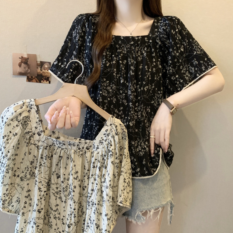 大码女装胖mm2025夏季新款爆款方领碎花别致绝美显瘦短袖衬衫上衣