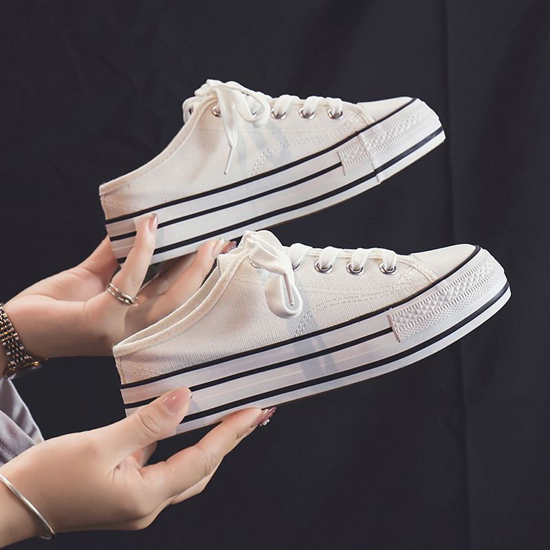 富步2024春季新款厚底内增高5cm帆布鞋女松糕底胶鞋学生半托布鞋