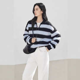 慵懒风条纹软糯翻领针织衫毛衣女2025秋冬季新款休闲宽松撞色上衣