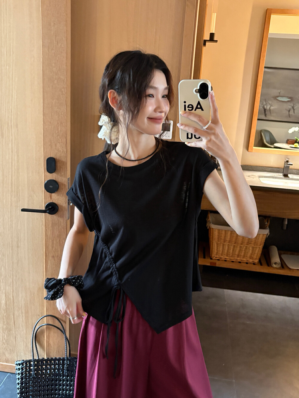 Liquidación, sin devoluciones ni cambios, camiseta de manga corta con cordón de algodón y lino con diseño de copo de nieve de estilo coreano para mujer, top de verano 2025.