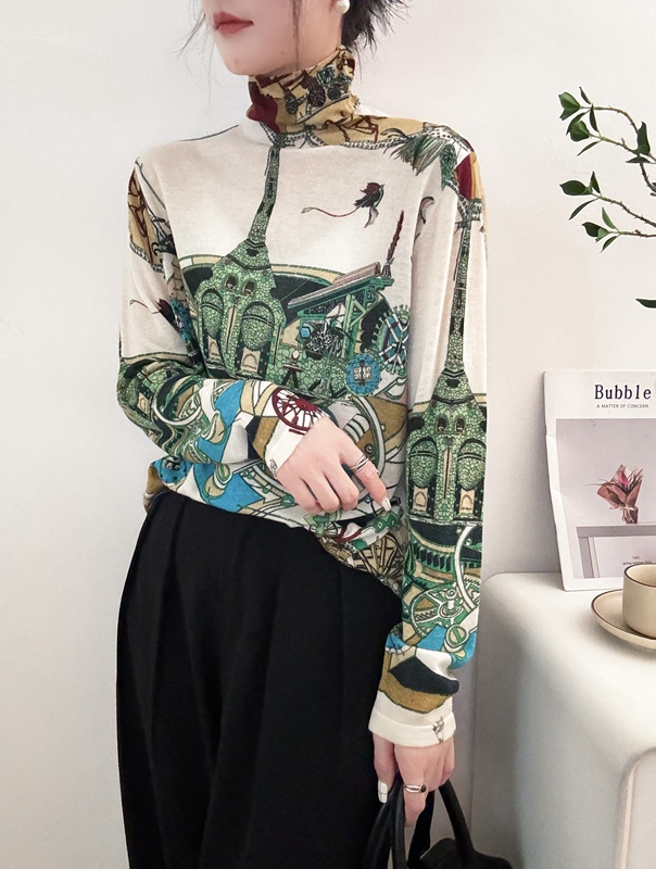 100%水溶羊毛印花薄款打底衫欧货高领套头上衣女2025秋季新款毛衣|undefined