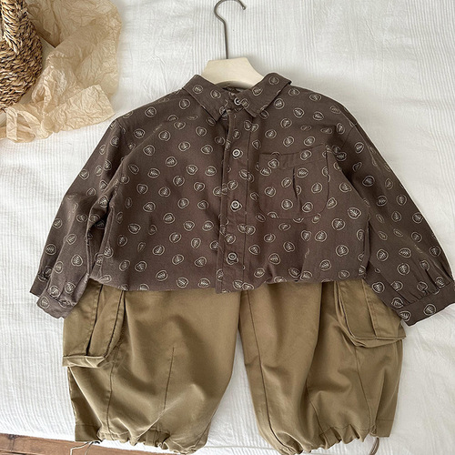 Boys' Long-Sleeve Shirt Spring and Autumn  New Korean Style Children's Stylish Shirt Jacket Striped Floral Top Autumn Outfit