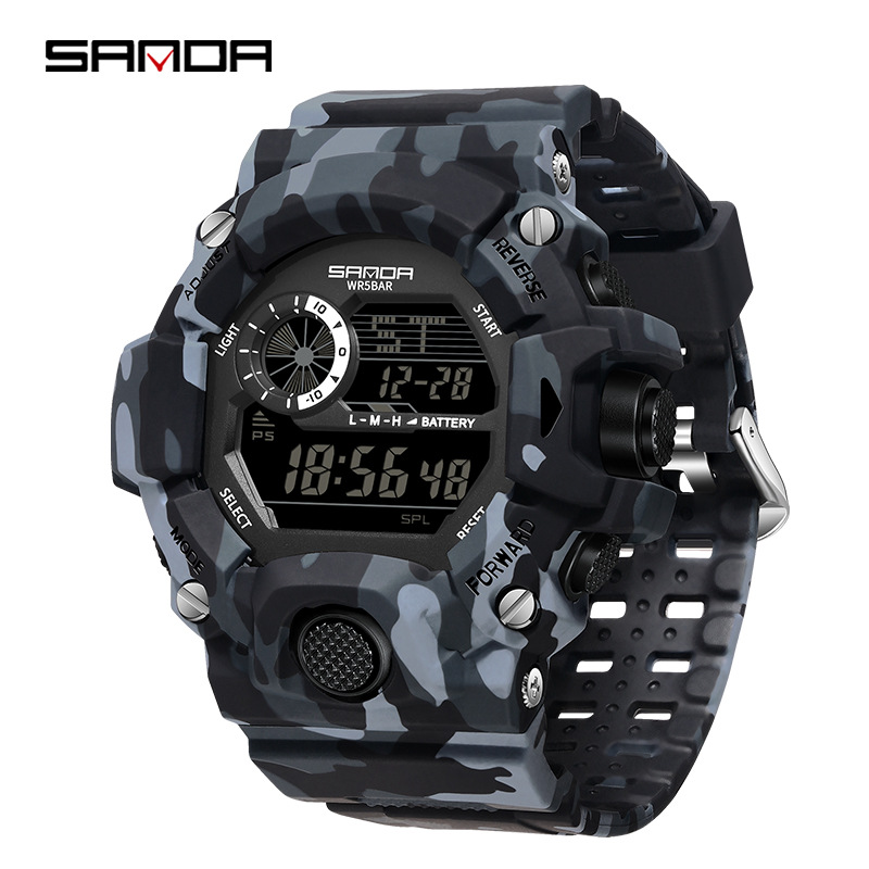 SANDA Camuflaje reloj electrónico de montaña deportivo al aire libre impermeable multifuncional reloj de negocios para hombres 2183