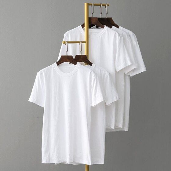 200g Pure Cotton Small Drop Shoulder Short Sleeve T-Shirt Unisex Half Sleeve Solid Color Black White Men's Round Neck Base Layer