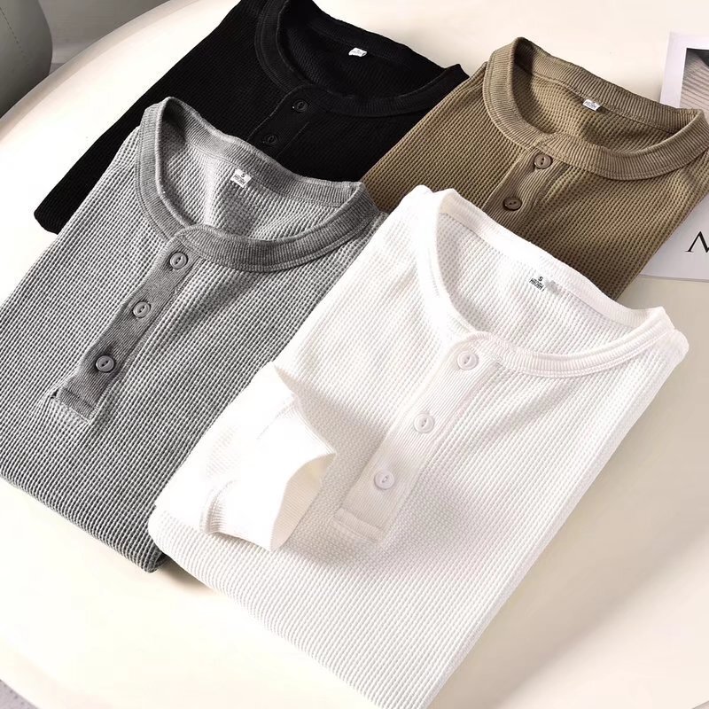 2024 Waffle Henry Collar Men's Solid Color Loose Knitted Pullover Bottoming Shirt Casual Long Sleeve T-Shirt 453302
