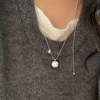 蒂奇S925纯银极简风拉丝圆球项链女时髦个性抽拉式长款毛衣链秋冬
