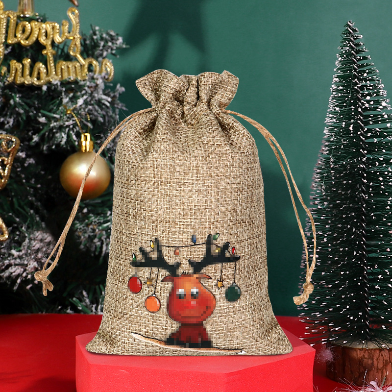 Transfronteriza nueva bolsa de lino de Navidad al por mayor bolsa de embalaje de caramelo con cordón decoraciones de Navidad bolsa de almacenamiento con cordón