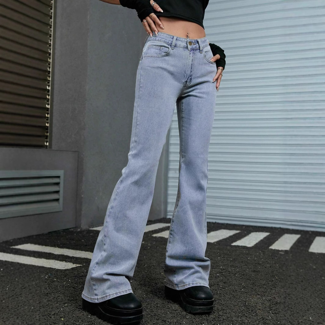 Women's Clothing High Waisted Denim Jeans, Autumn Style, New Style, Stretchy, Slim Fit, Slightly Flared, Floor Length Trousers, Trendy._ecoleips.com