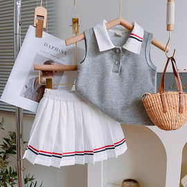 韩版女童学院风短裙套装夏季新款时尚洋气背心百褶半身裙两件套