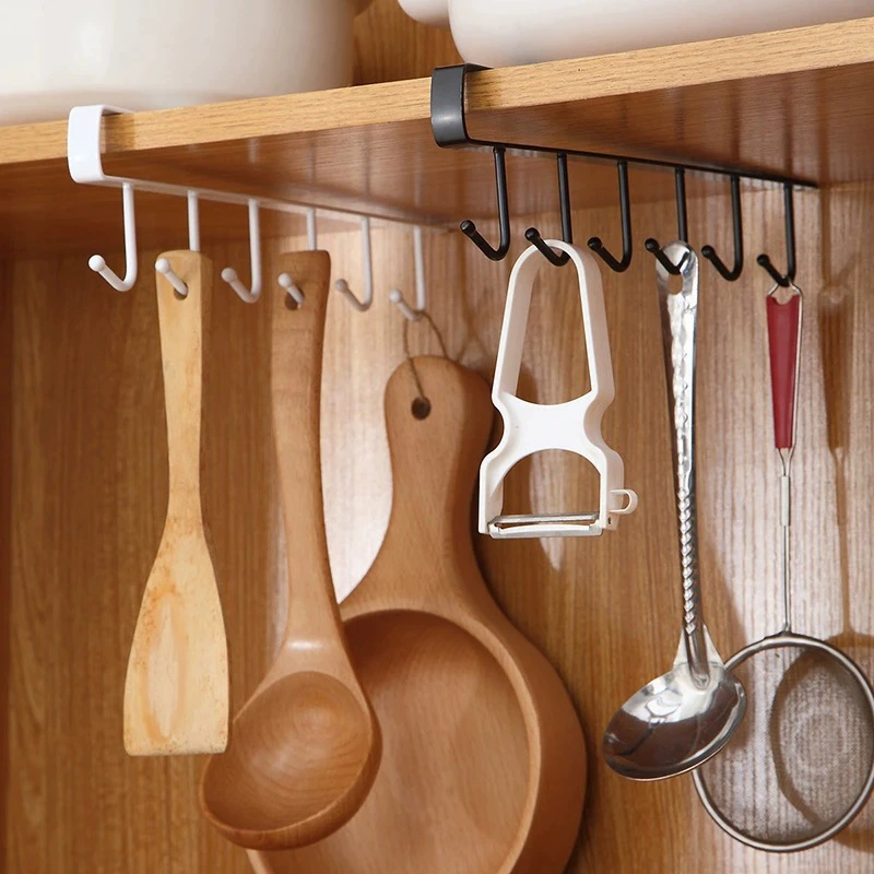 Under-Cabinet Hook Rack, 6-Hook Iron Organizer, Black or White, Space-Saving Kitchen Storage