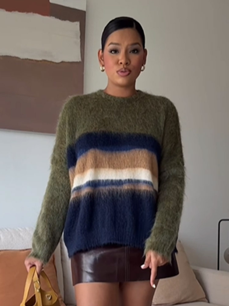 Moda coreana suéter corto a rayas de cabello de mahai de moda suelta 2025 otoño y invierno nuevo estilo europeo y americano transfronterizo