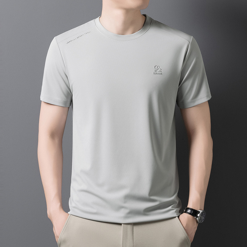 涼しい通気性のある生地ラウンドネック半袖 Tシャツメンズ夏ルーズカジュアルアイスシルク半袖 Tシャツ紳士服|undefined