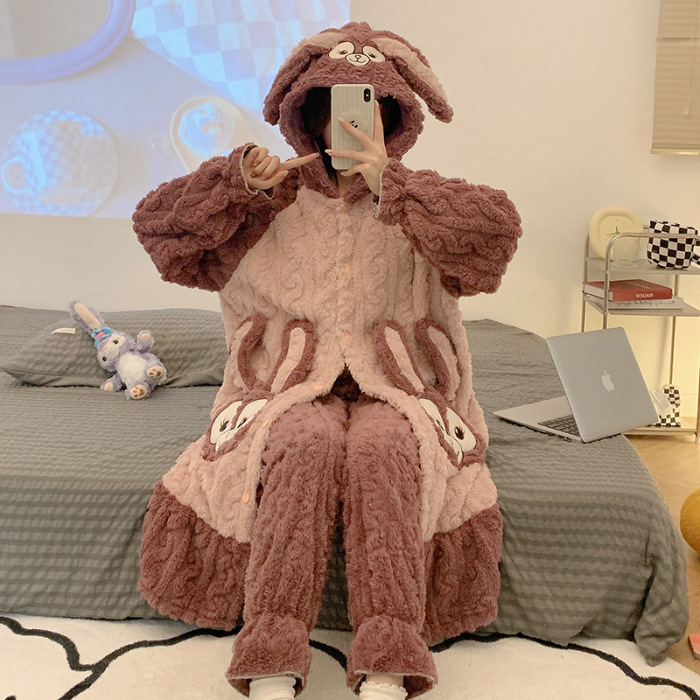2024 pijamas de otoño e invierno camisón de franela para niñas engrosado forro polar de coral con capucha lindo traje de homewear image 13