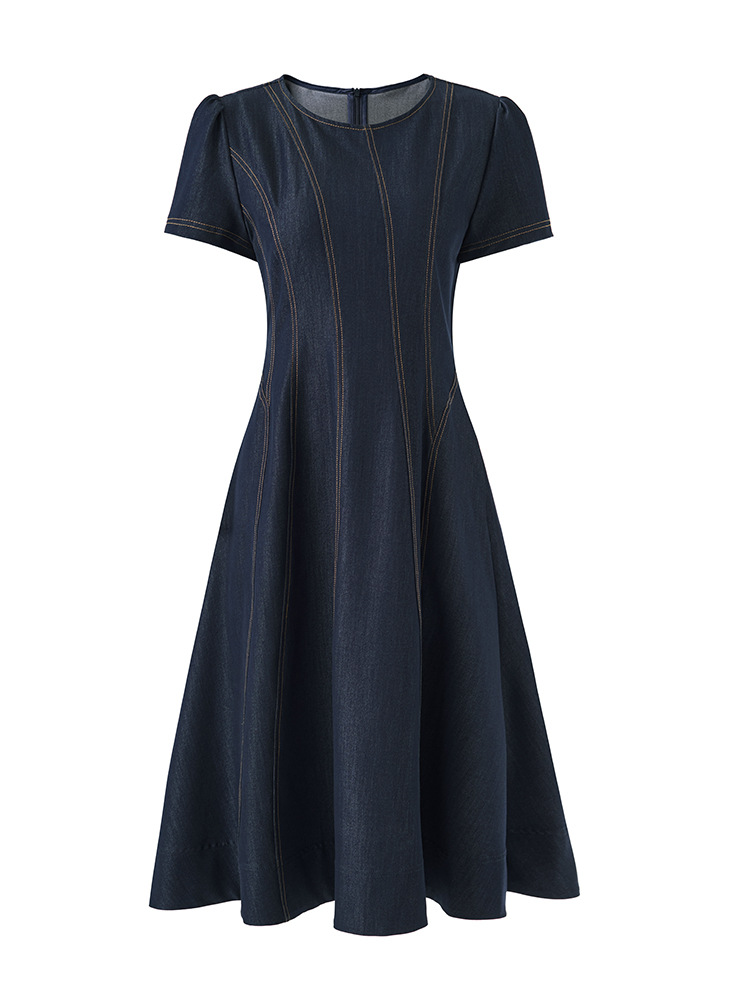 Đầm denim nữ tay ngắn thắt eo phong cách vintage chất liệu tencel cotton thoáng mát — màu xanh đậm