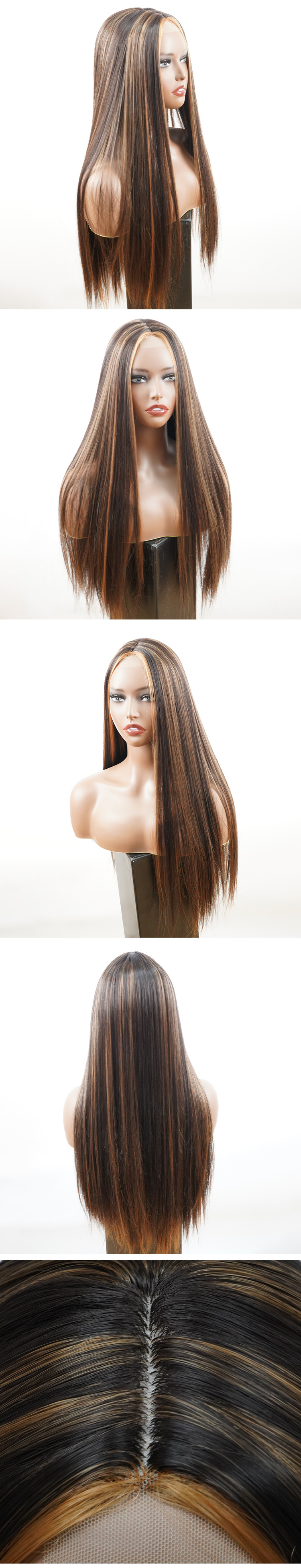 Synthetic wig Front lace split color long hair straight elastic mesh wigs_voghion.com