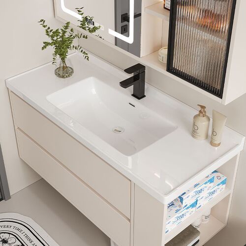 Light luxury cream style bathroom cabinet combination side storage small apartment bathroom integrated ceramic basin hand wash basin