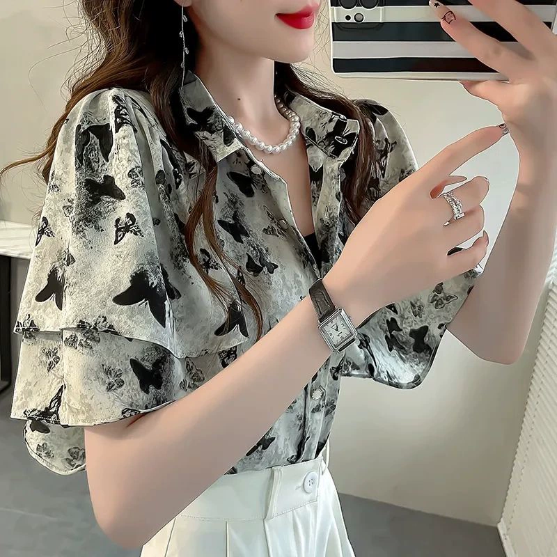 Темперамент новый китайский стиль светлая национальная ветреная рубашка с принтом бабочки для дамы 2025 летний дизайн с блузкой