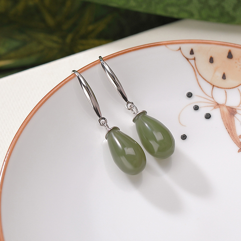 Khuyên tai nữ bạc S925 mạ vàng đính đá sodalite hình giọt nước phong cách cổ điển — Mẫu bạc