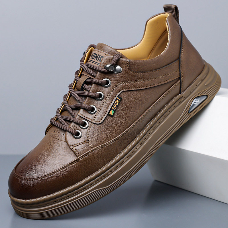 Giày da nam sneaker cổ thấp khâu chỉ thủ công, đế bằng, dây buộc phía trước — Màu nâu, Màu trắng, màu đen