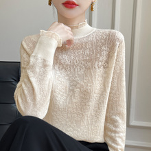 2024秋女式羊毛针织衫薄款欧根纱蕾丝花边领拼接长袖女打底衫批发