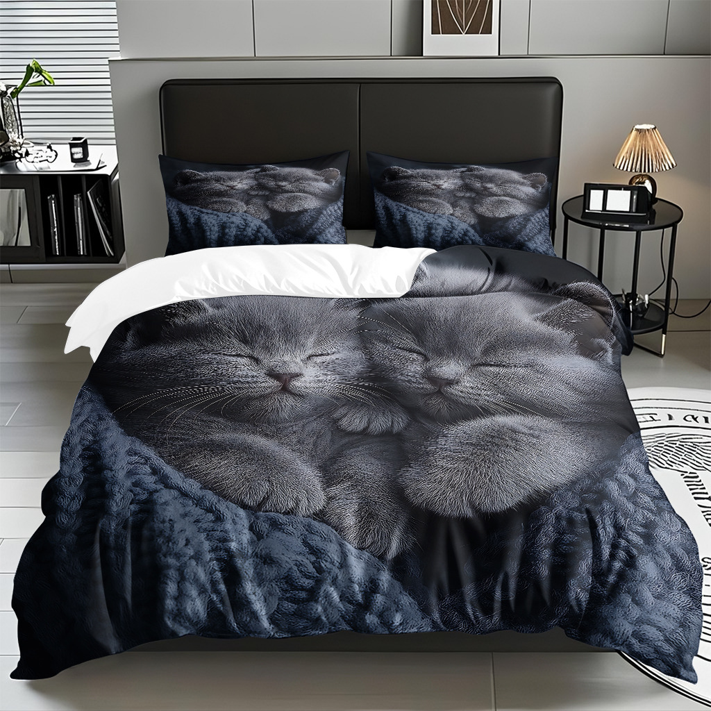TEMU / JIT adorable gatito impresión digital suave set de colcha de edredón textil para el hogar se puede diseñar venta directa de fábrica