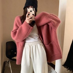 柔らかいモチモチの怠惰なニットのセーターのコートの女性のカーディガンの新型の百合の純色のゆったりしている気質の優しい独特な上着