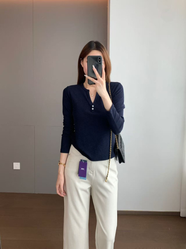 精致时髦 兰精天丝精棉柔软亲肤修身版半开V领纽扣打底衫603032|undefined
