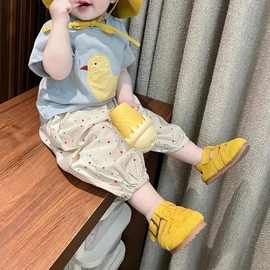 可爱小鸡短袖T恤洋气波点束脚裤男女童宝宝两件套小鸡套装现货棉