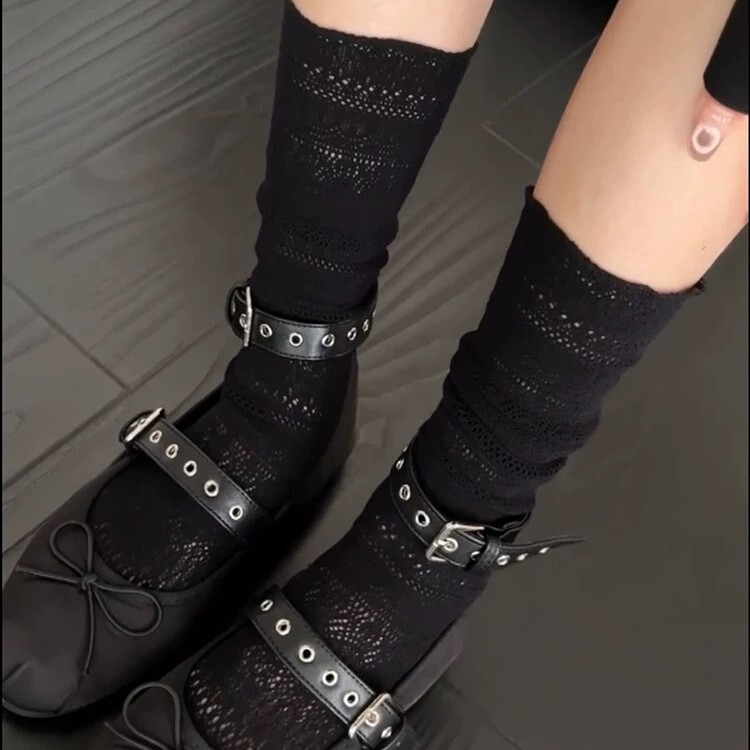 Summer Thin Solid Color Hollow Black Socks Women's High Socks Knee-high Lace Calf Stacks Nightclub Slimming Socks