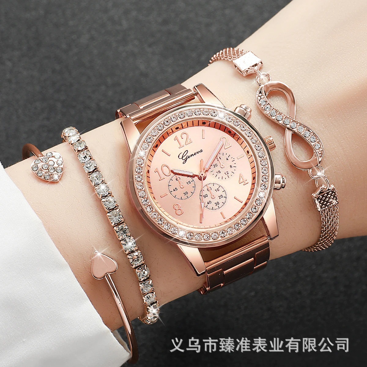 Popular foreign trade model set, steel band alloy case women's watch, fake three-hand casual student gift box quartz watch