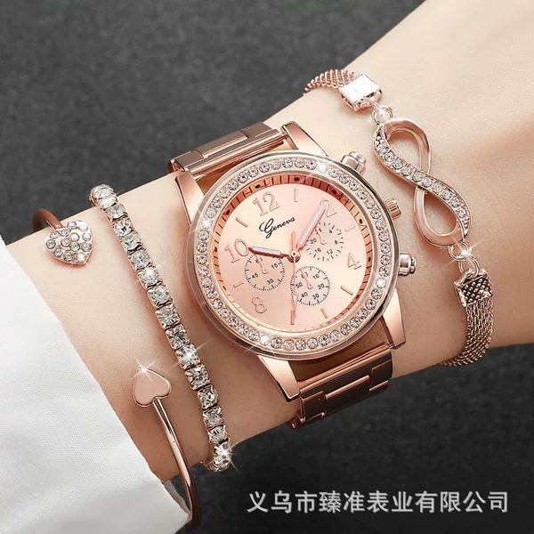 Popular foreign trade model set, steel band alloy case women's watch, fake three-hand casual student gift box quartz watch