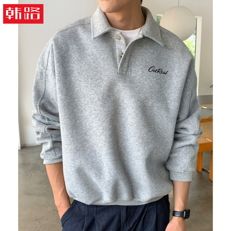 Trendy Color-Block Letter Print Turn-Down Collar Sweatshirt Men's Autumn Short Wide Silhouette Polo Pullover Retro Top Jacket Trendy Color-Block Letter Print Turn-Down Collar Sweatshirt Men's Autumn Short Wide Silhouette Polo Pullover Retro Top Jacket
