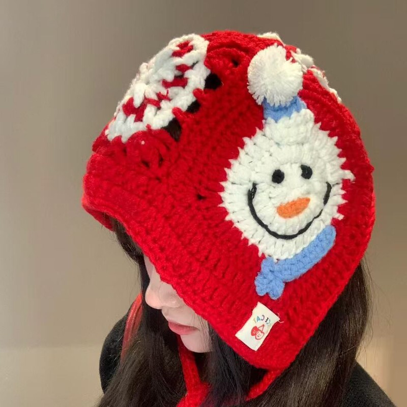 手工编织雪花雪人针织帽女2025新款毛线护耳帽秋冬保暖百搭显脸小|undefined