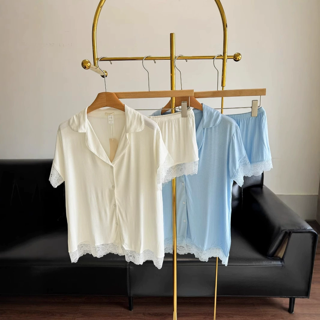 25ss ранняя весна, новый женский комплект домашней одежды с короткими рукавами, кружевной пижамный комплект 250627