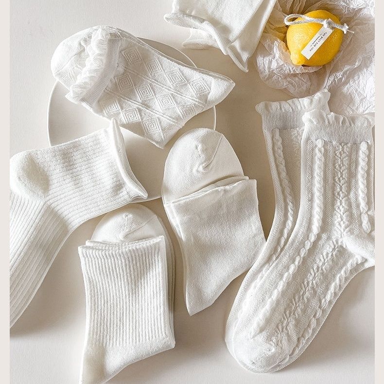 White Socks for Women in Spring and Summer Thin Jk Mid-Calf Socks Cute Bubble Mouth Lace Lolita Korean Style Pile Socks